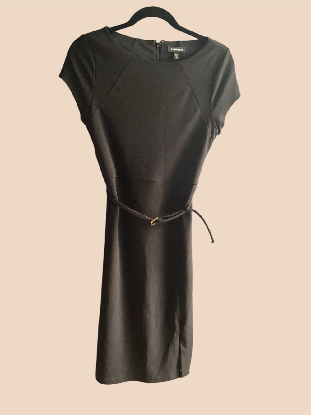 Express Navy Cap-Sleeve Belted Sheath Dress